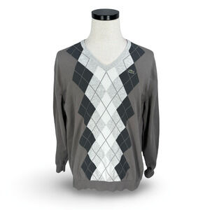 Lacoste Sweater Men’s 6 Gray White Black Argyle Knit V-Neck Long Sleeve Pullover